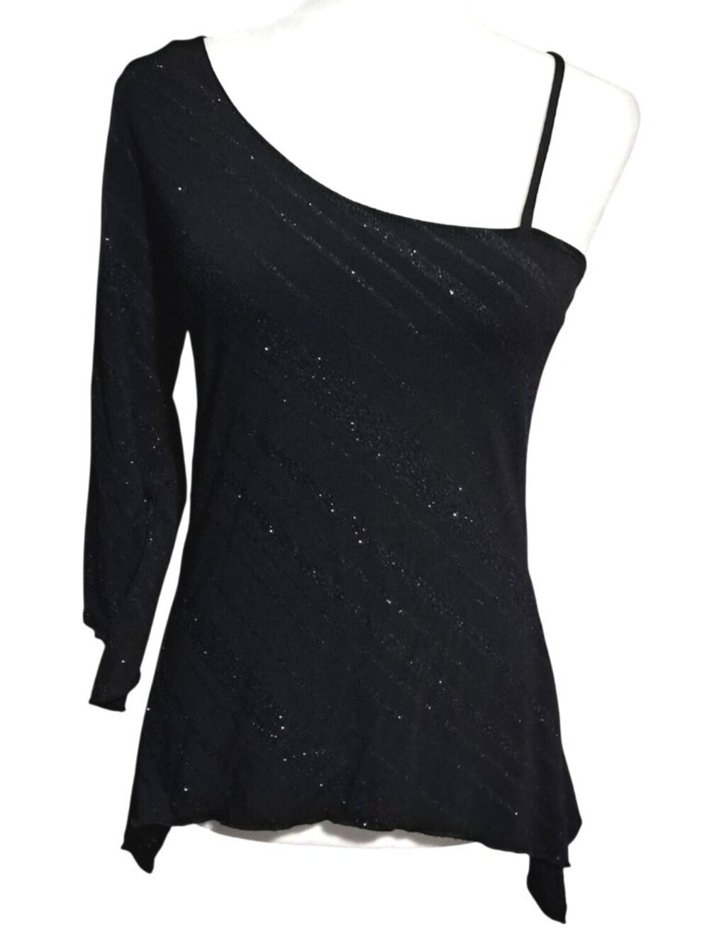 Y2K Eyelash One Shoulder Top Black Glitter Womens Size L Whimsygoth Polyester Bl